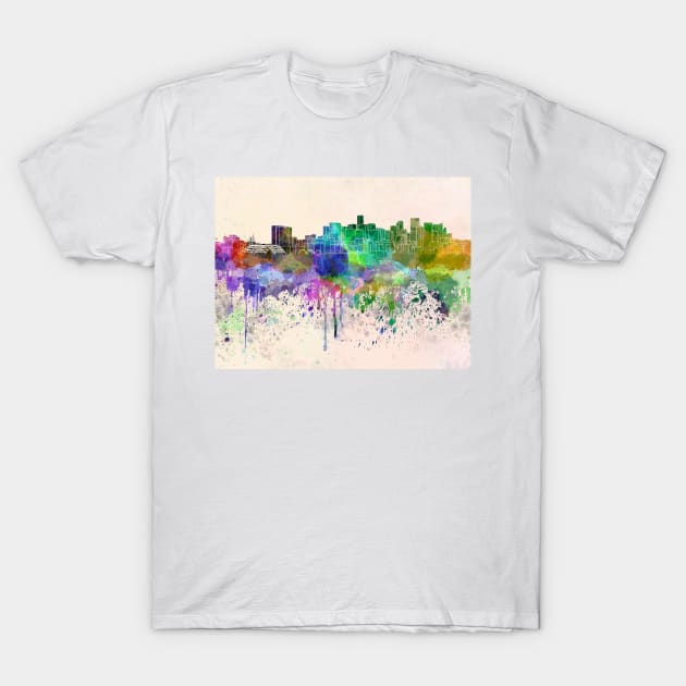 Denver skyline in watercolor background T-Shirt by PaulrommerArt